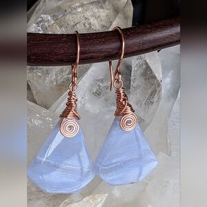 Artisan Agate Earrings Copper Wrap Spirals Pastel Sky Blue